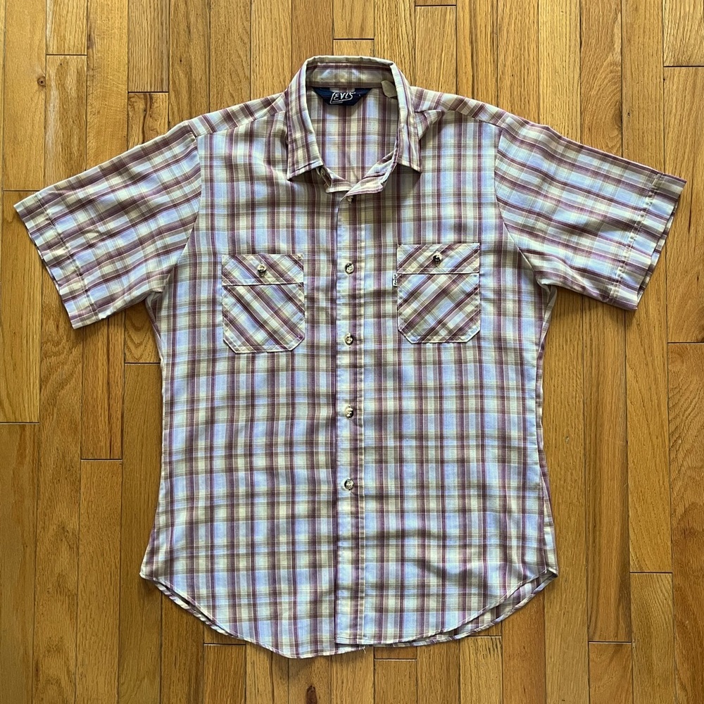 VTG 60s 70s Levi’s Button Shirt Western Plaid Pockets Maroon Red Gray White Tab